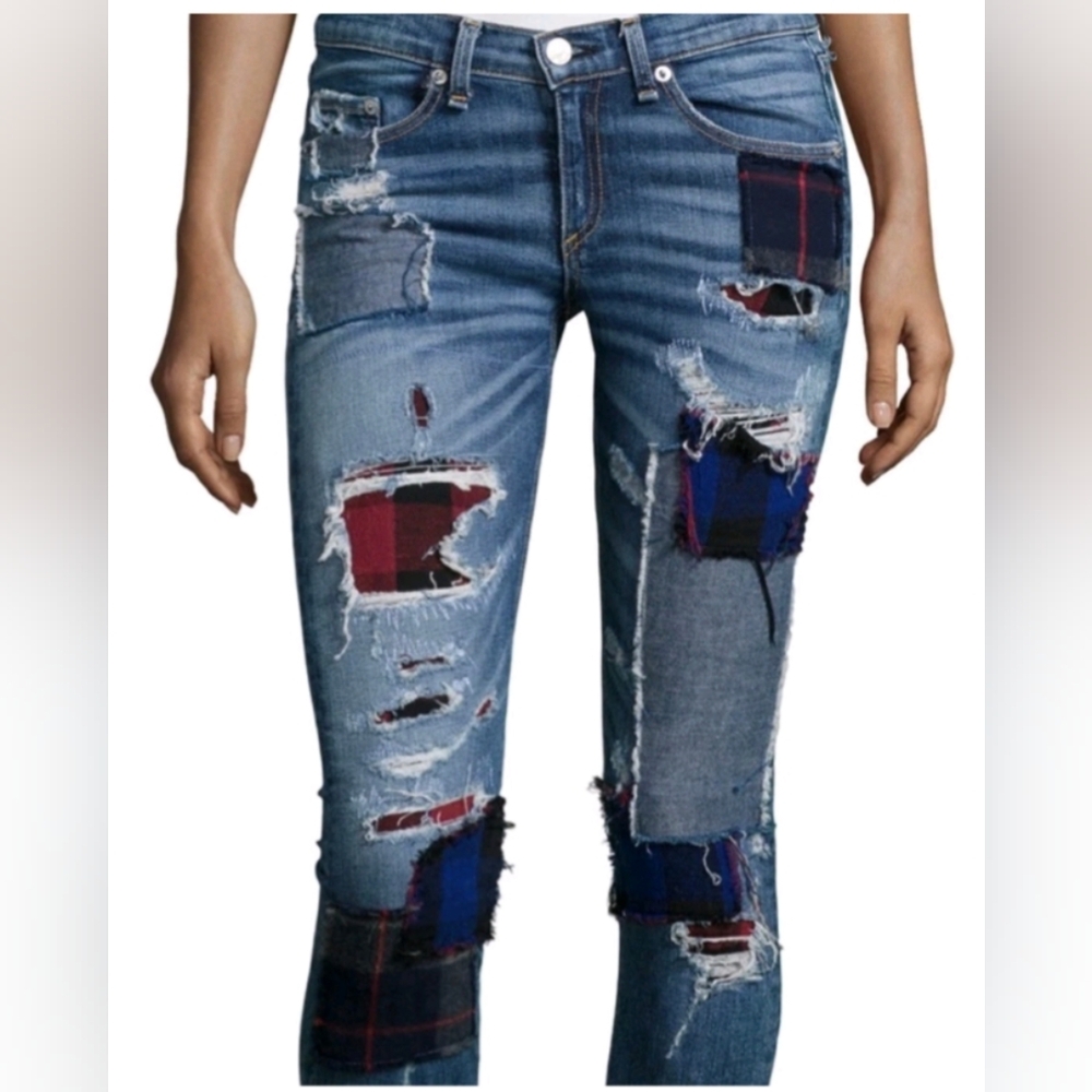 Rag & Bone Harajuku Patchwork Patched Distressed Skinny Stretch Jeans 26 X 30